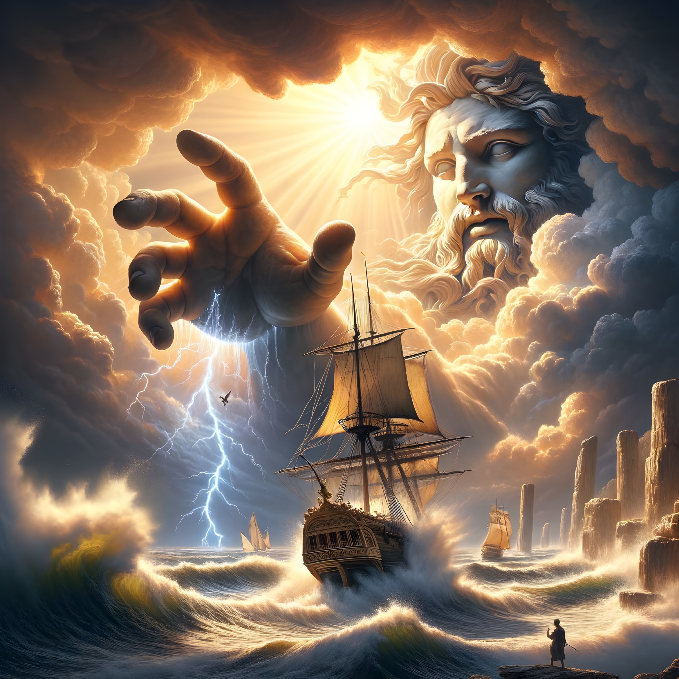 Giant Figure in Clouds Reaching for Ship in Storm