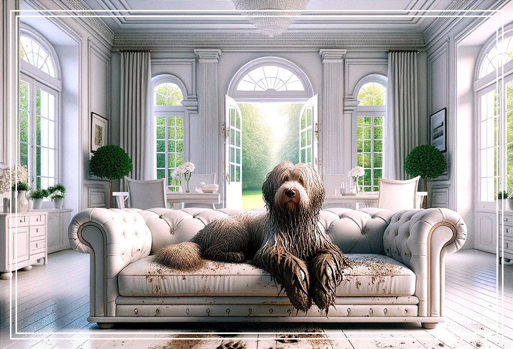 Large scruffy dog on white couch in bright room