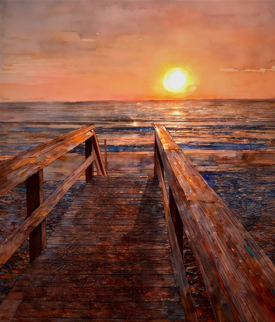Watercolor Seaside Landscape with Boardwalk at Sunset