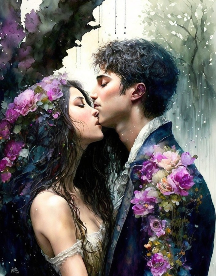 Romantic Embrace of a Couple in Floral Setting