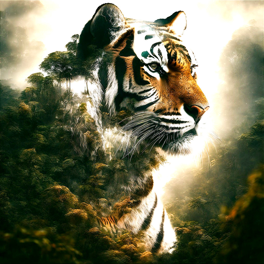 Majestic tiger in lush forest with vibrant foliage