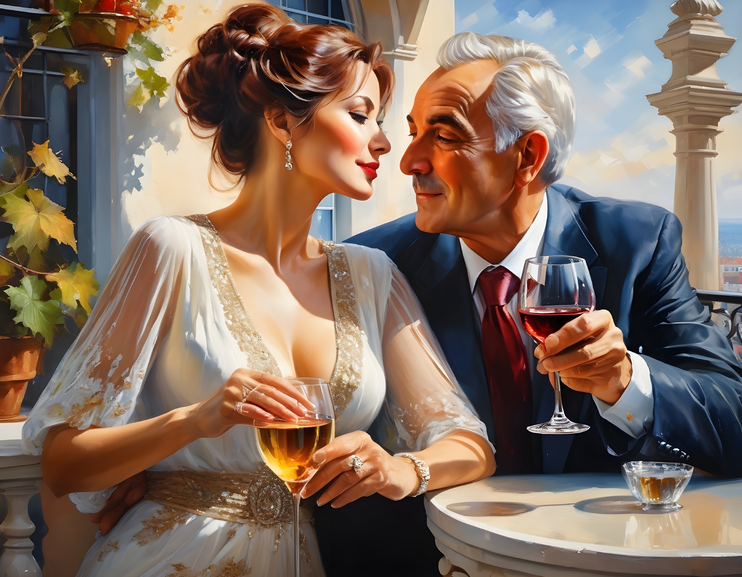 Couple Enjoys Wine on Balcony with Scenic View