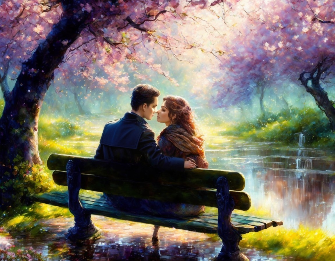 Romantic Garden Scene with Cherry Blossoms and Pond