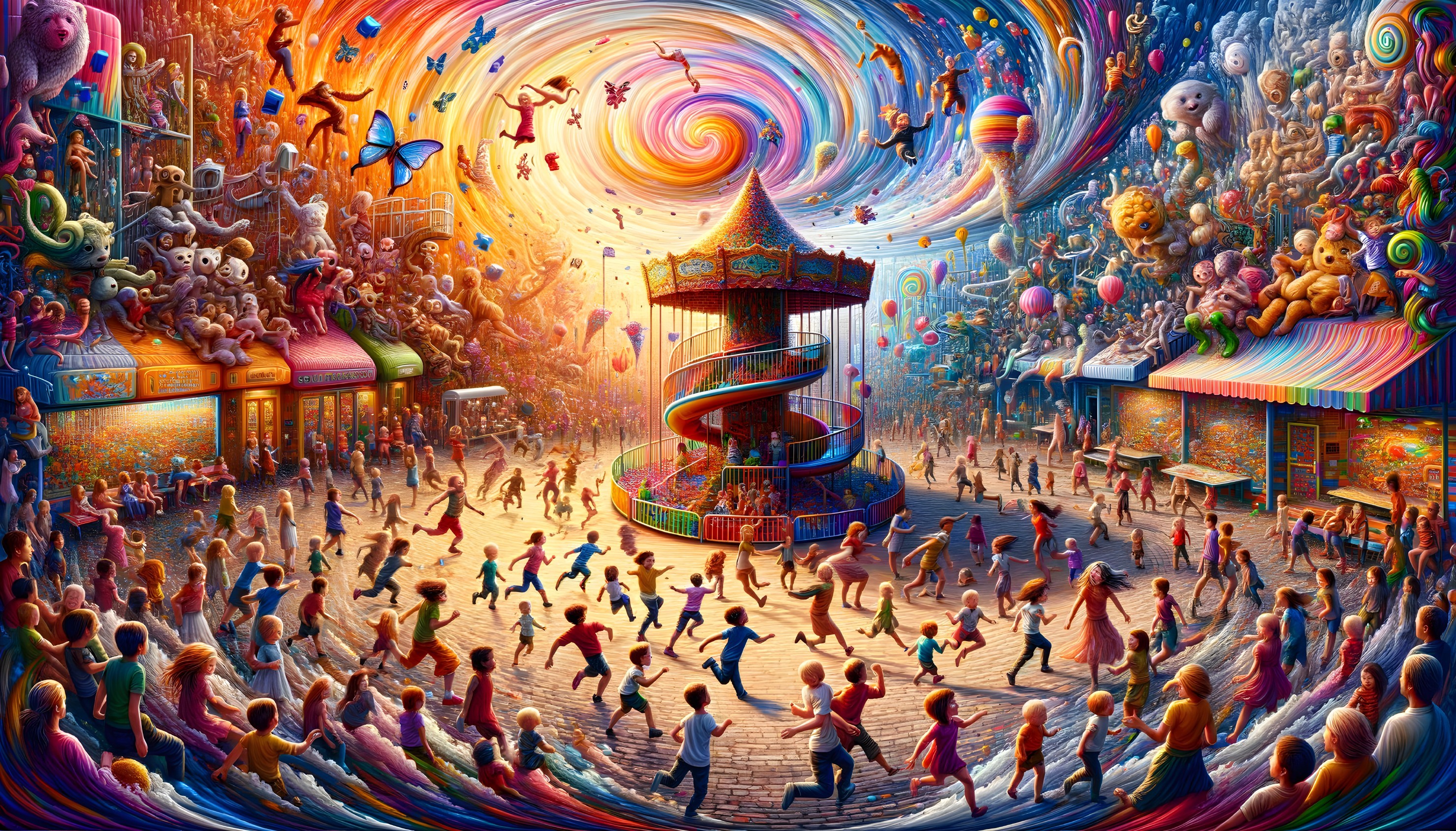 Vibrant Fair Scene with Whimsical Creatures and Carousel