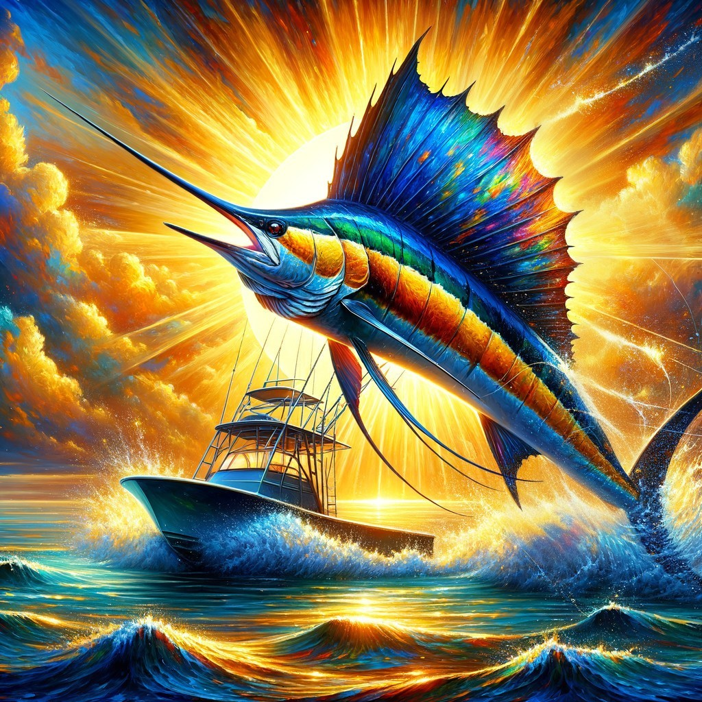 Sailfish Leaping from Ocean with Vibrant Sunset Sky