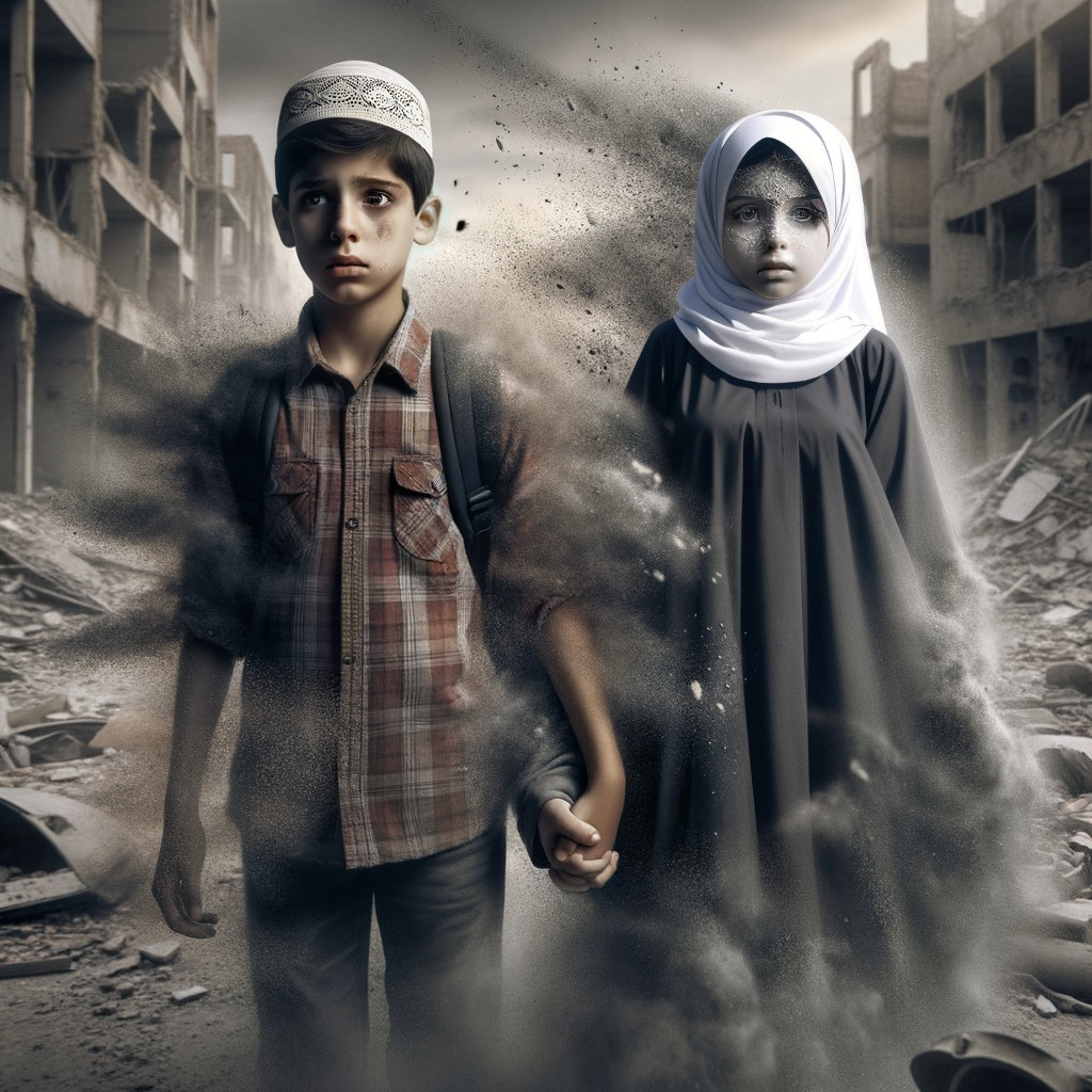 Children in War-Torn Landscape Symbolizing Resilience