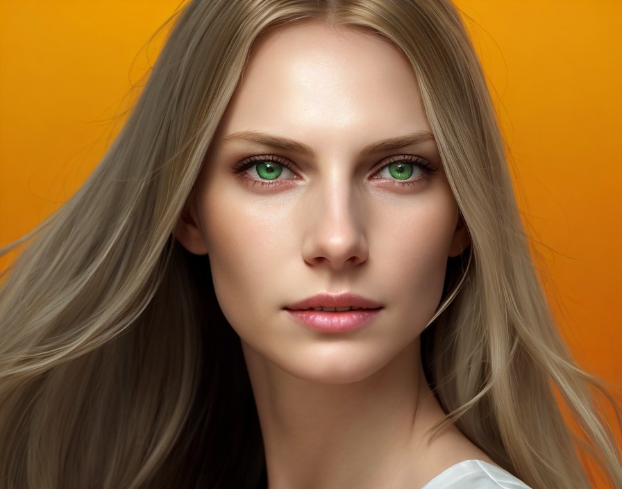 Close-up of a woman with blonde hair and green eyes