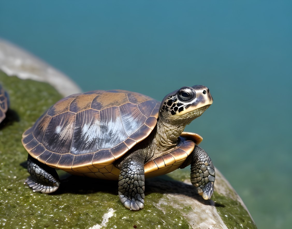 Turtle on Rock by Clear Blue Water in Sunlight