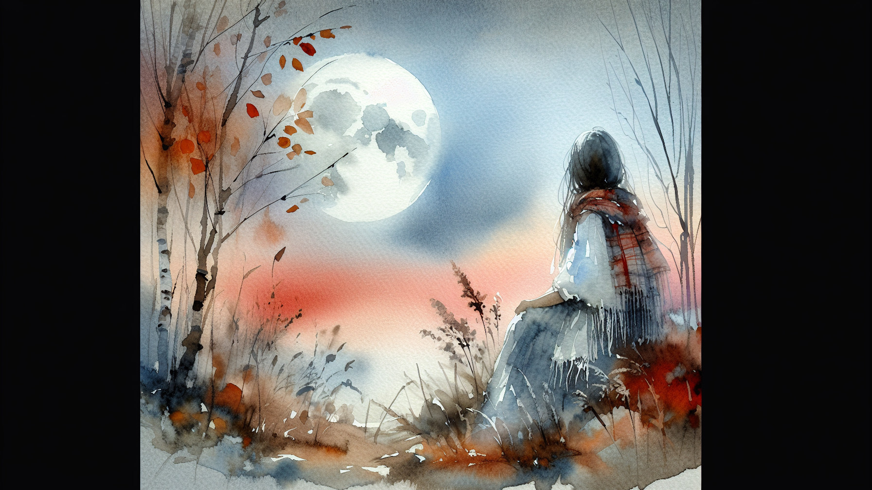 Watercolor Scene of Figure Under a Luminous Moon