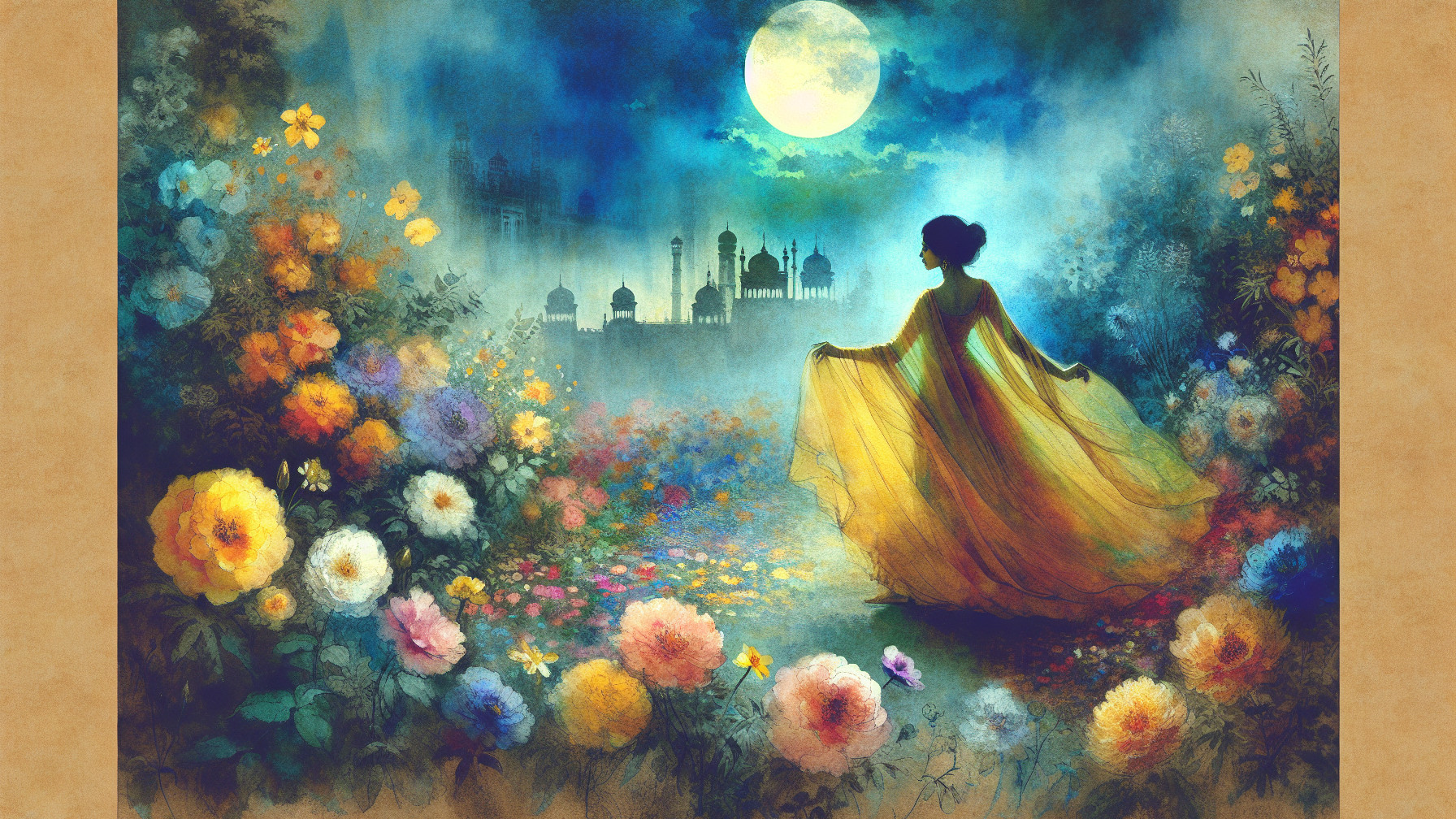 Moonlit Dance in a Flower-Filled Garden Scene