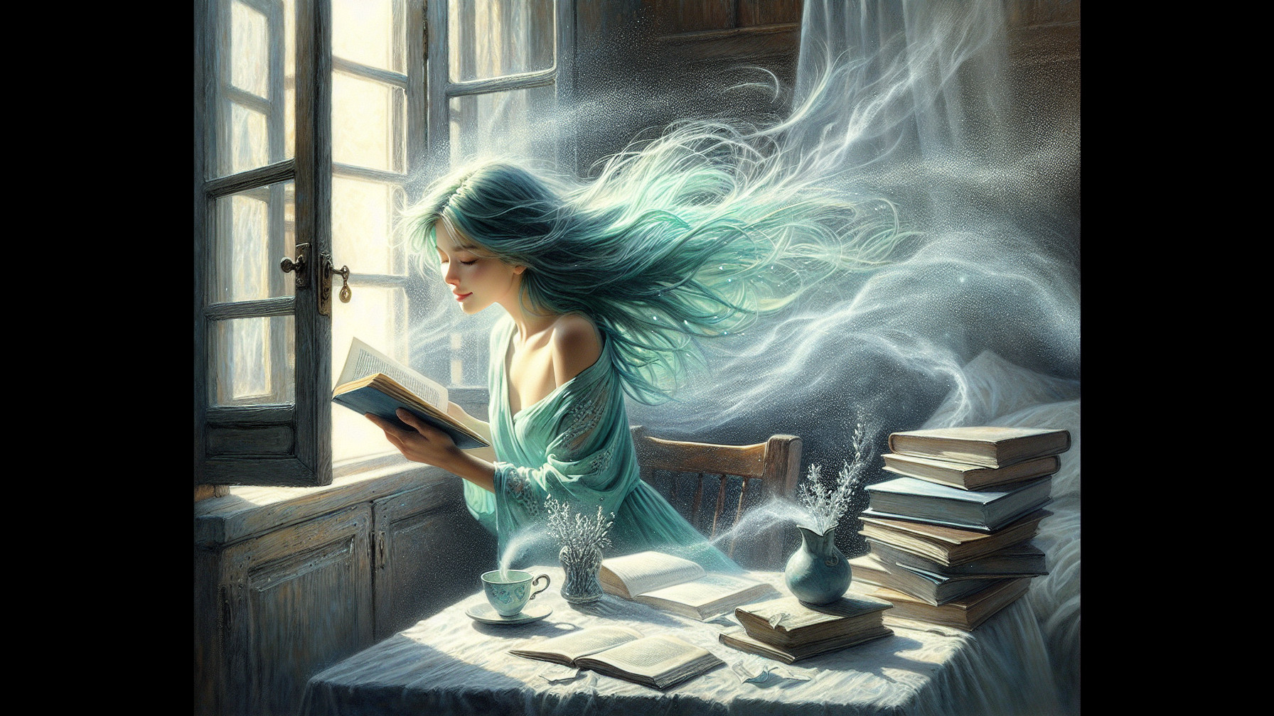 Serene Scene of a Woman Reading by an Open Window