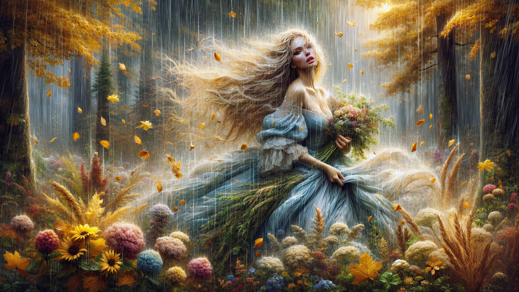 Young woman in blue gown in magical autumn forest