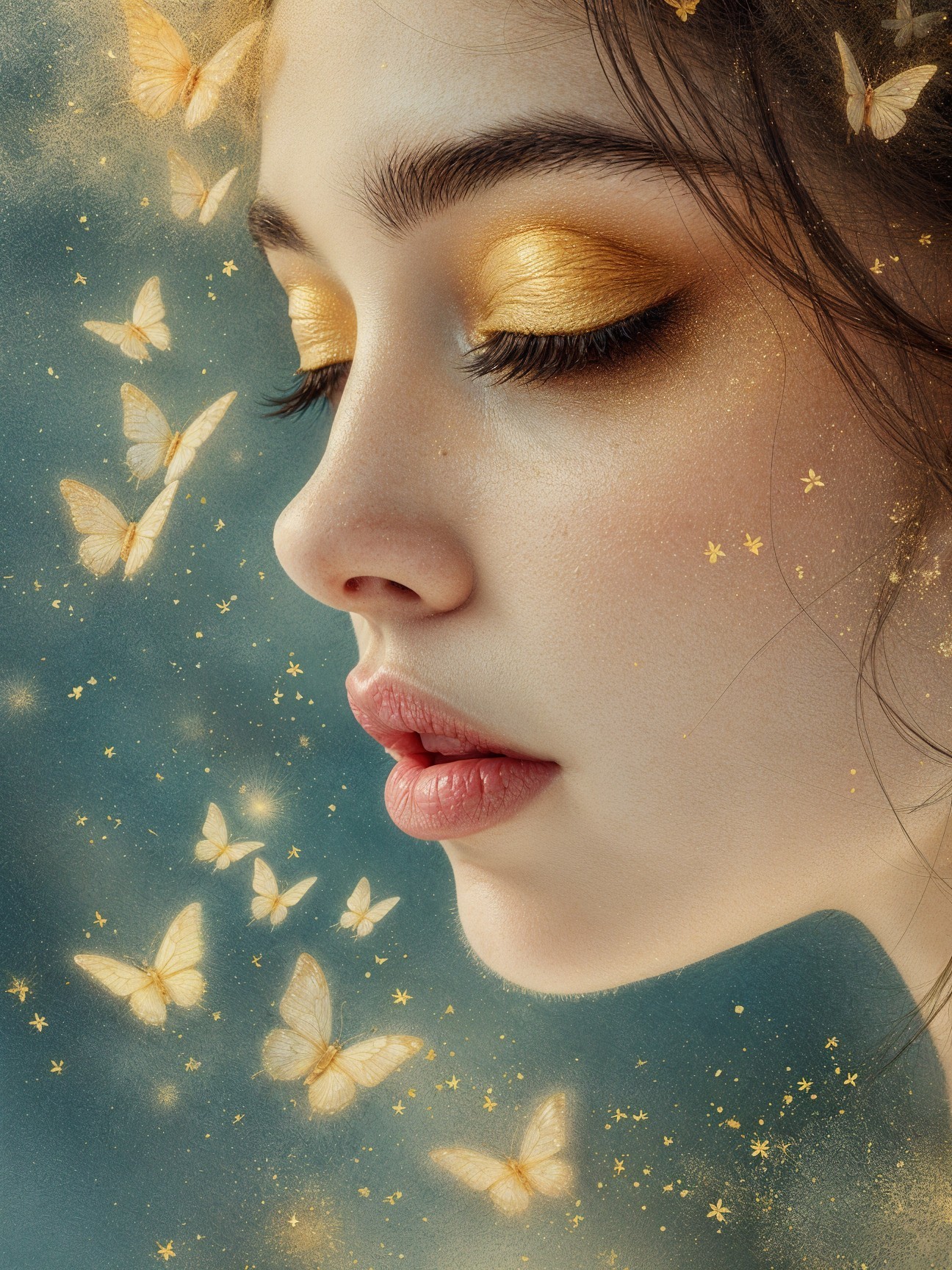 Close-Up Profile of a Woman with Golden Butterflies