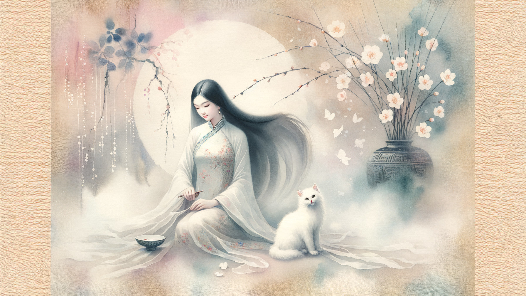 Serene Woman in Traditional Attire with Cat and Flowers