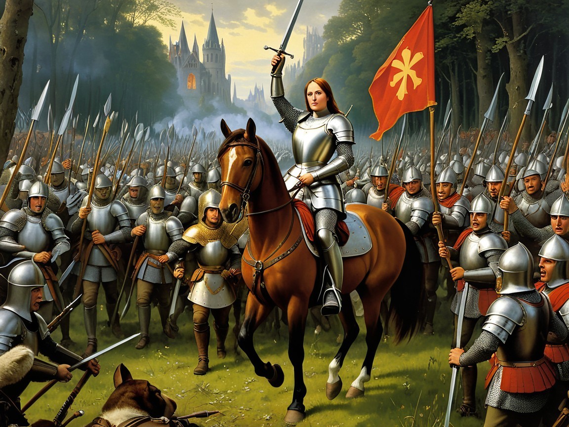 Knight Leading Army in Forest with Castle Background