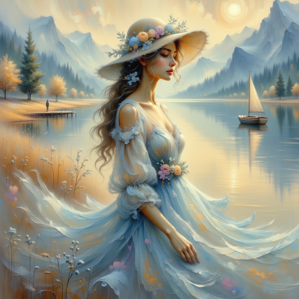 Tranquil Lake Sunset with Woman in Blue Dress