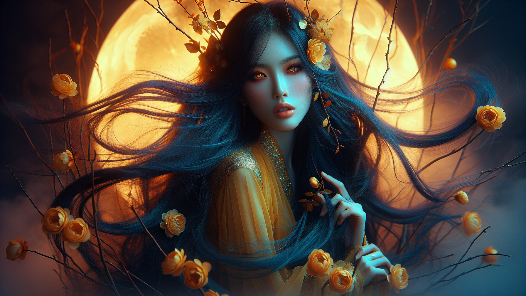 Mystical Figure with Blue Hair and Full Moon Background