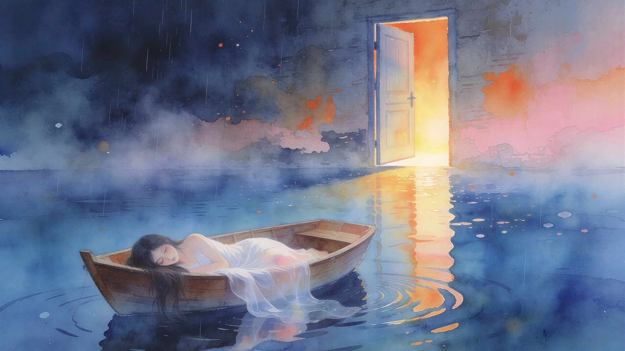 Watercolor Painting of Woman in Rowboat with Light