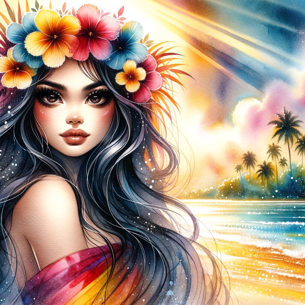 Tropical Beach Scene with Woman and Sunset Background
