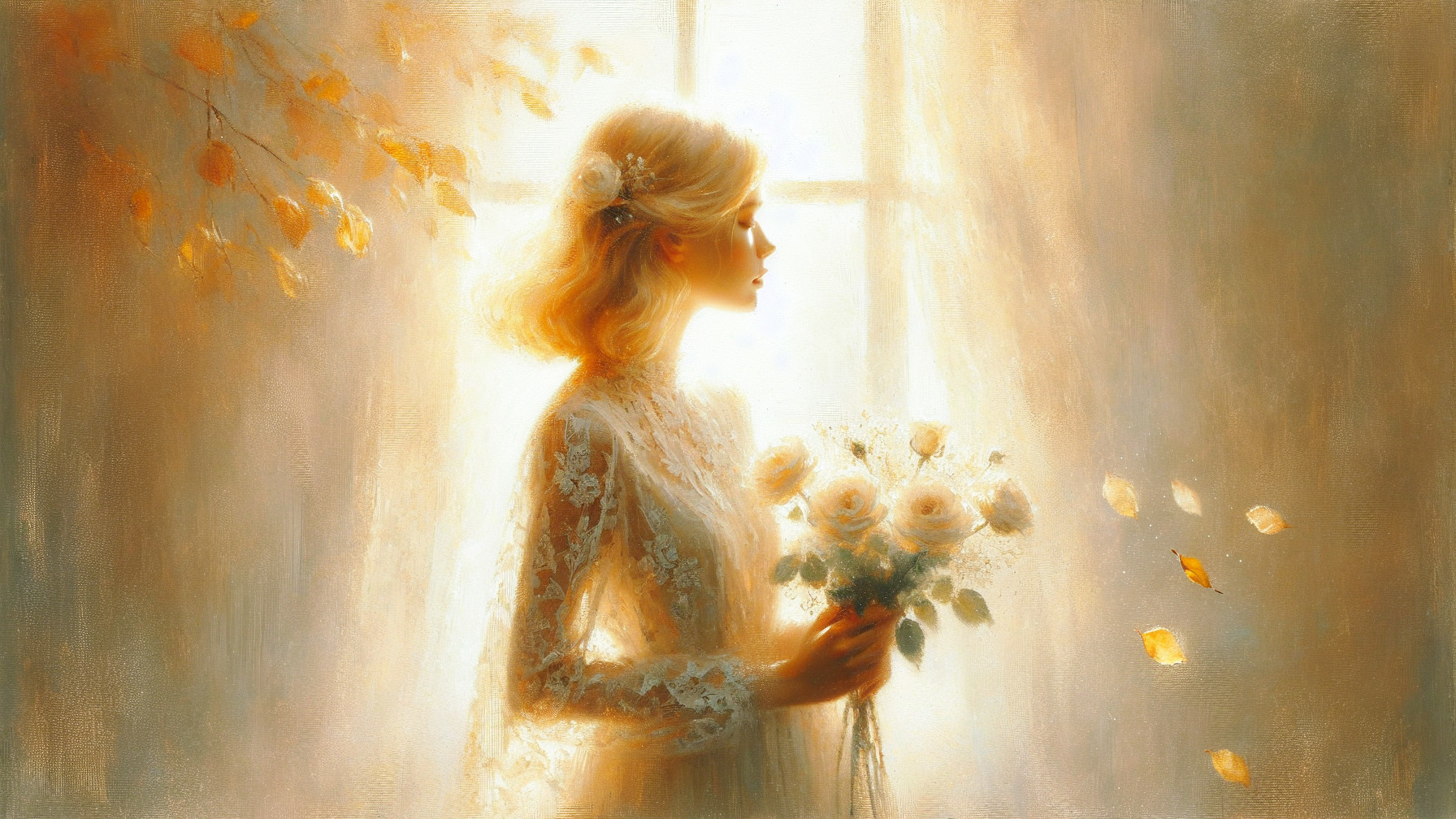 Ethereal Portrait of Woman in Lace Gown with Roses