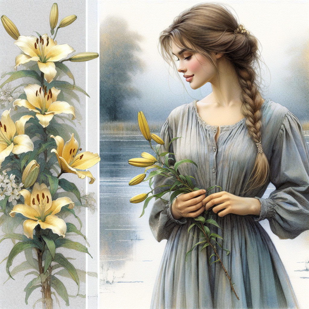 Portrait of a Young Woman by Calm Water with Lilies