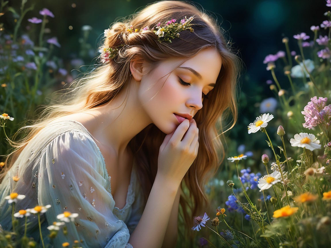 Young woman in wildflower field with soft sunlight
