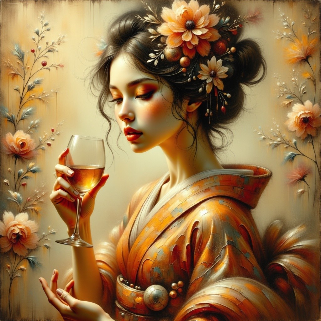 Portrait of a woman in a floral-patterned kimono