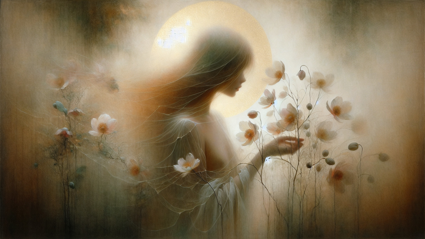 Silhouette of a Woman with Ethereal Flowers and Halo