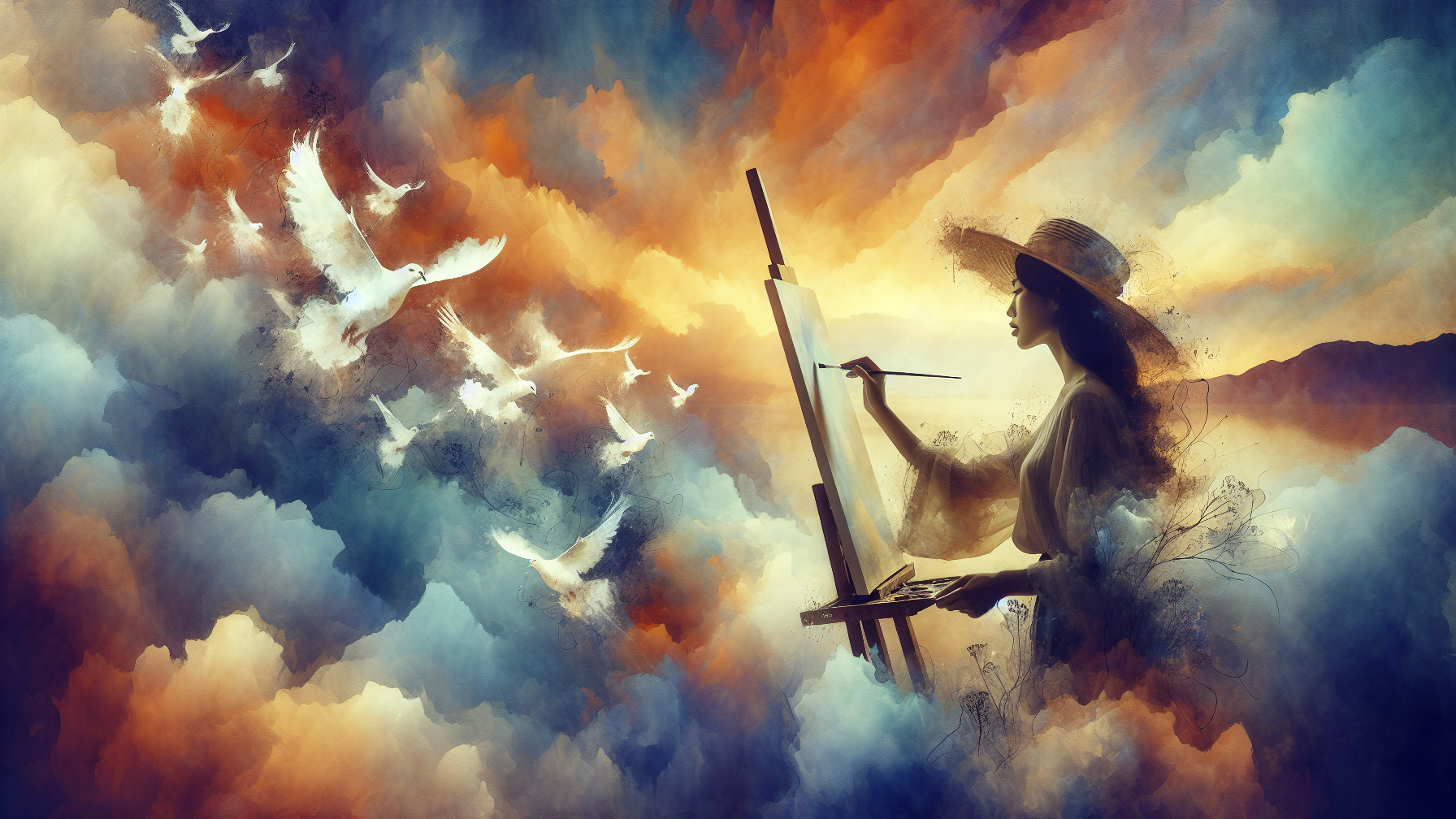 Silhouette of an artist painting in vibrant clouds