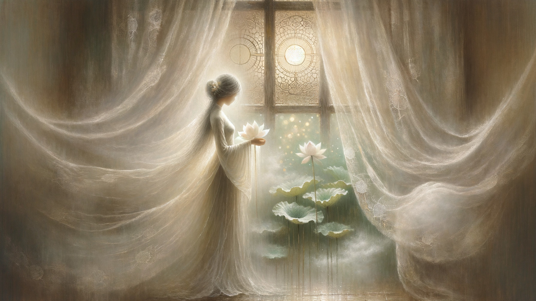 Graceful Woman by Window with Lotus Flower and Garden