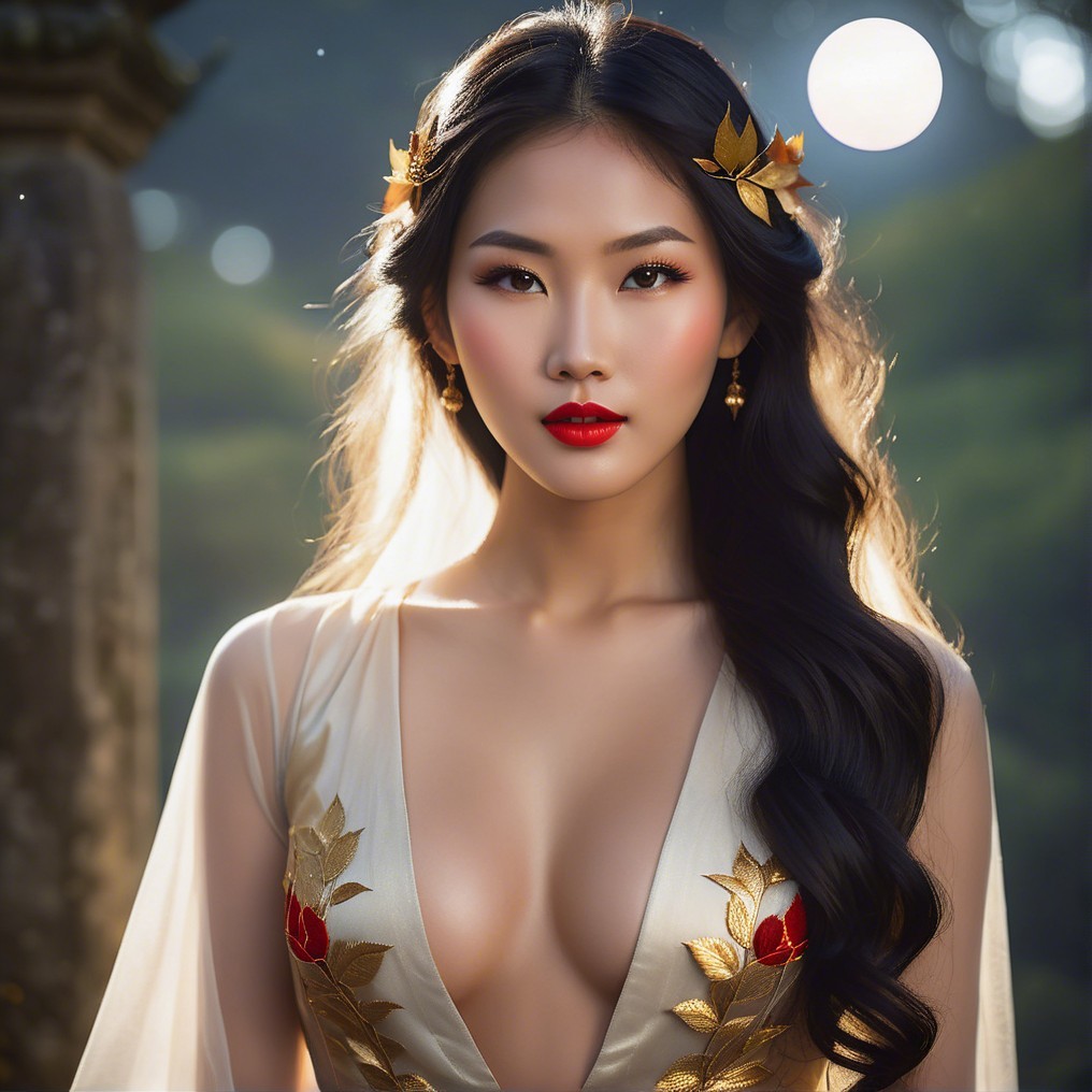 Portrait of a woman with black hair and golden leaves