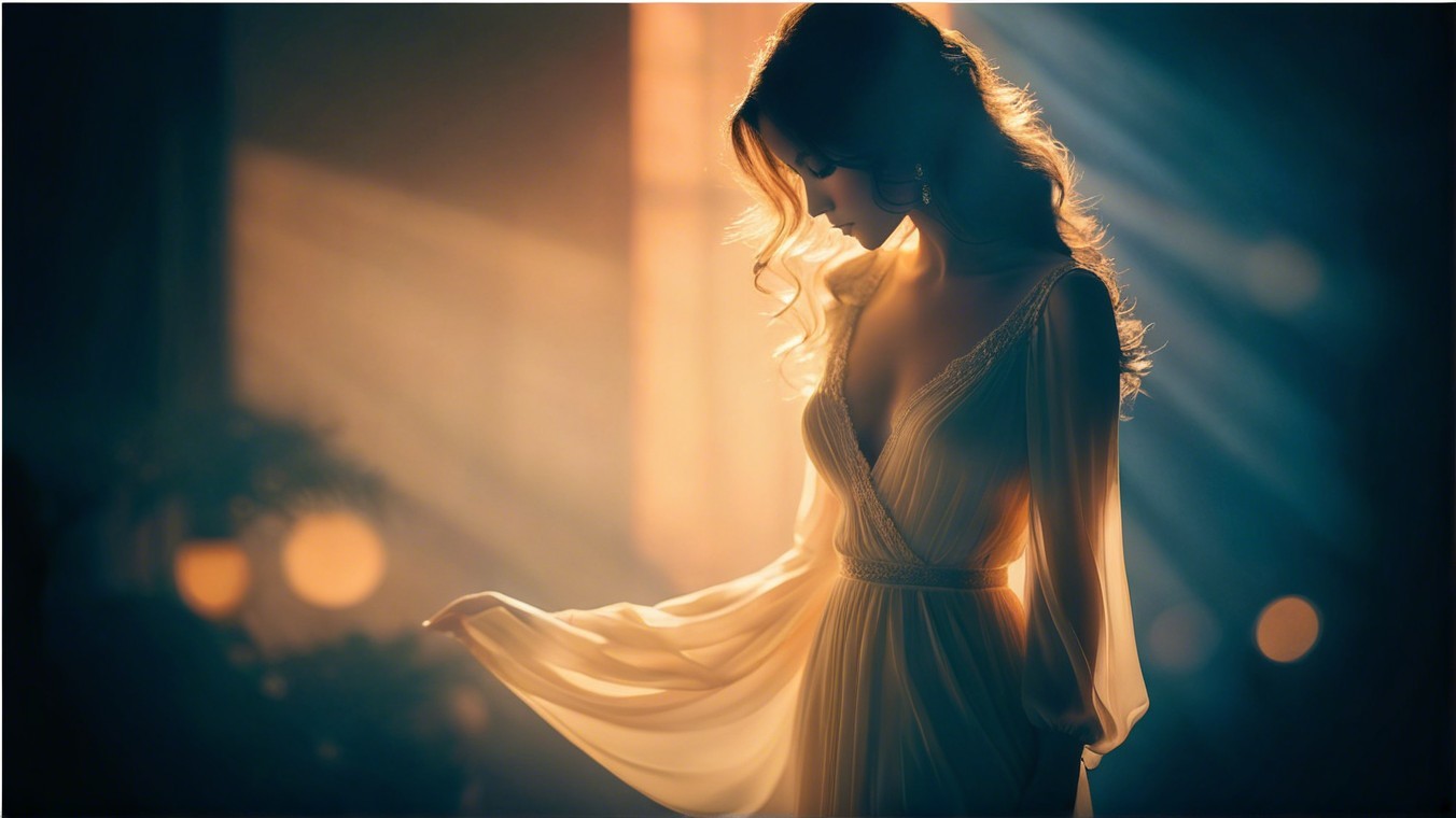 Ethereal Woman in Flowing Gown and Soft Light