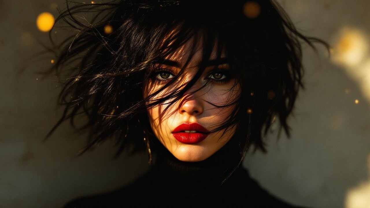 Confident Woman Portrait with Golden Bokeh Background