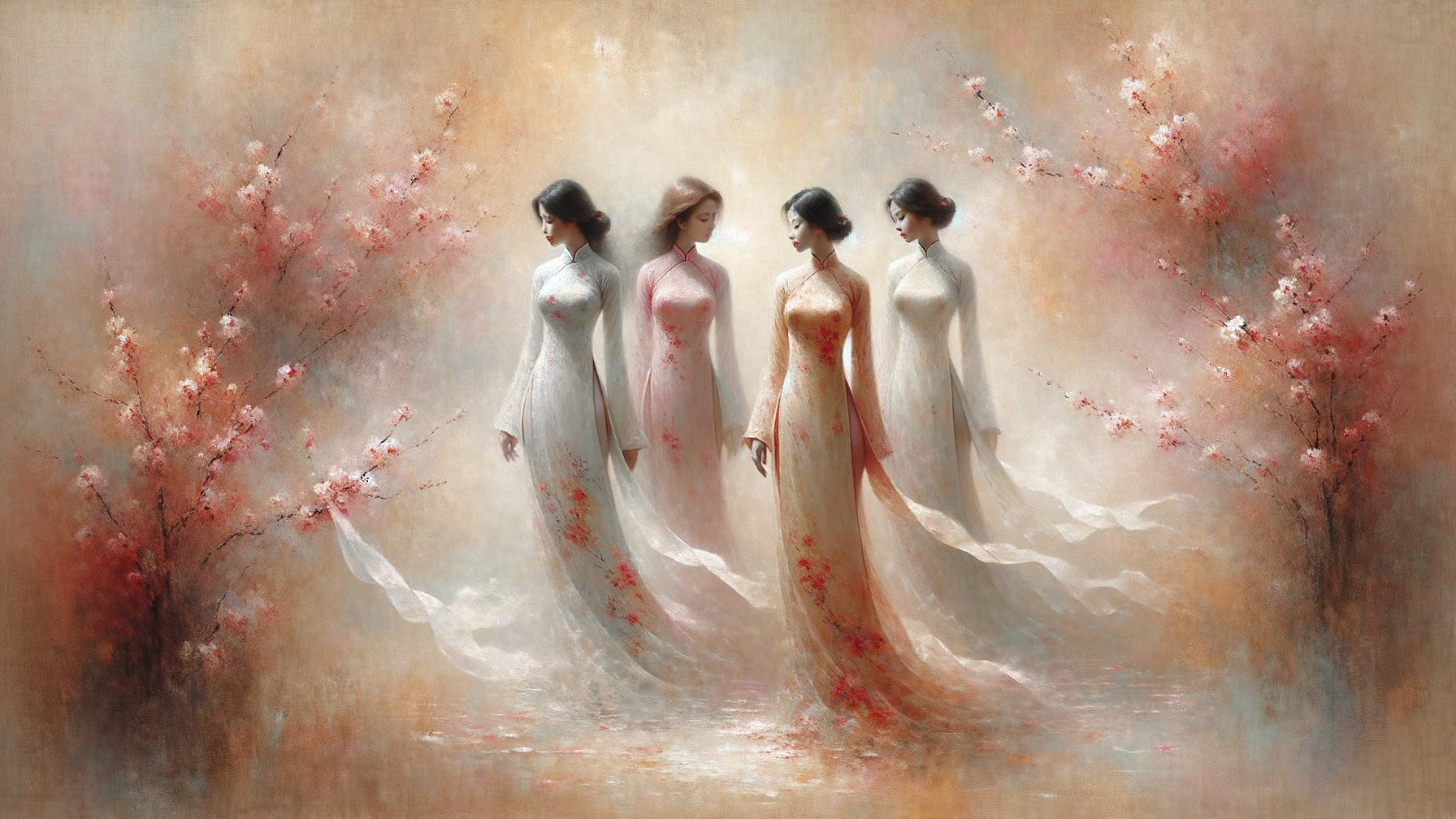 Serene Painting of Figures Among Cherry Blossoms