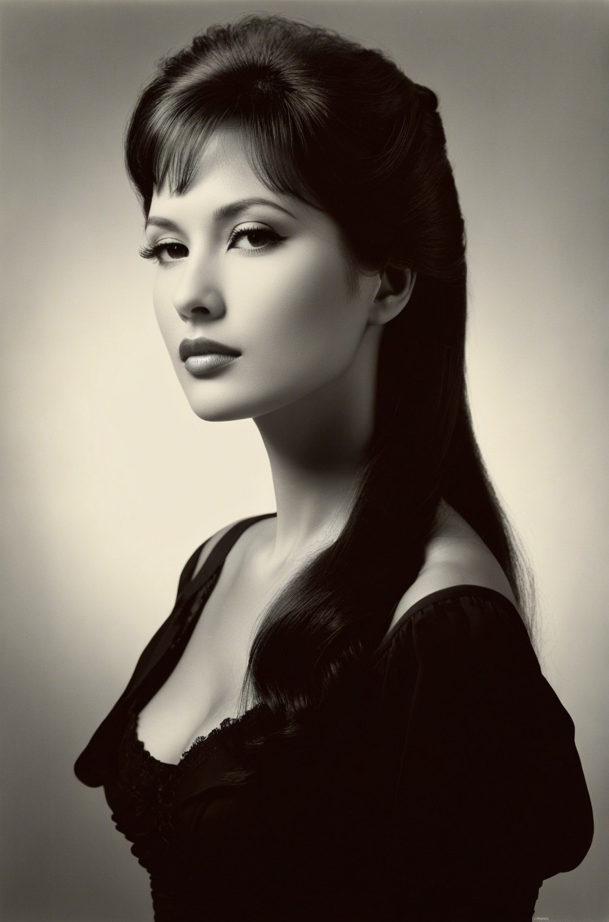 Sepia-toned portrait of a woman with bouffant hairstyle