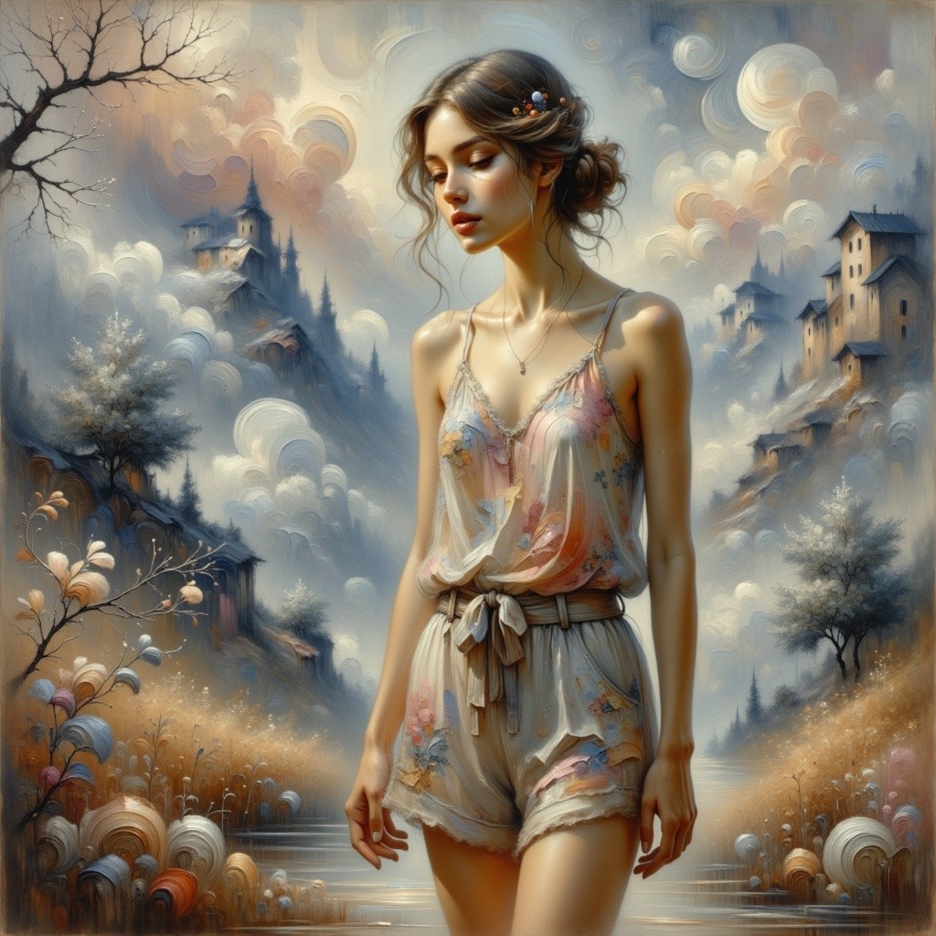 Young Woman in Floral Romper by Tranquil Landscape