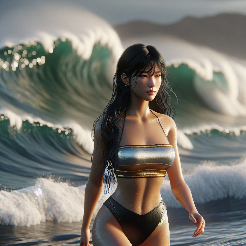 Young woman in metallic bikini by the ocean waves