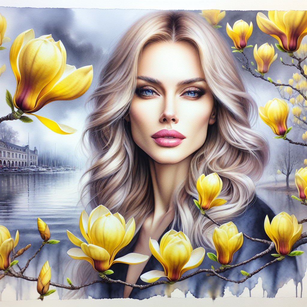 Portrait of a Woman with Blonde Hair and Magnolia Blossoms