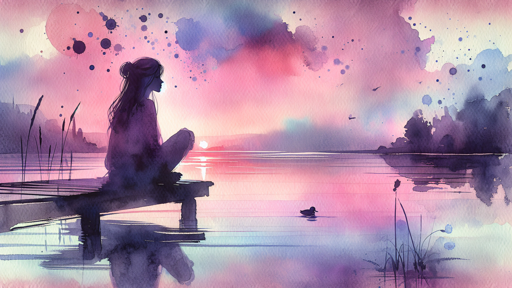 Watercolor Scene of Woman by Tranquil Lake at Sunset