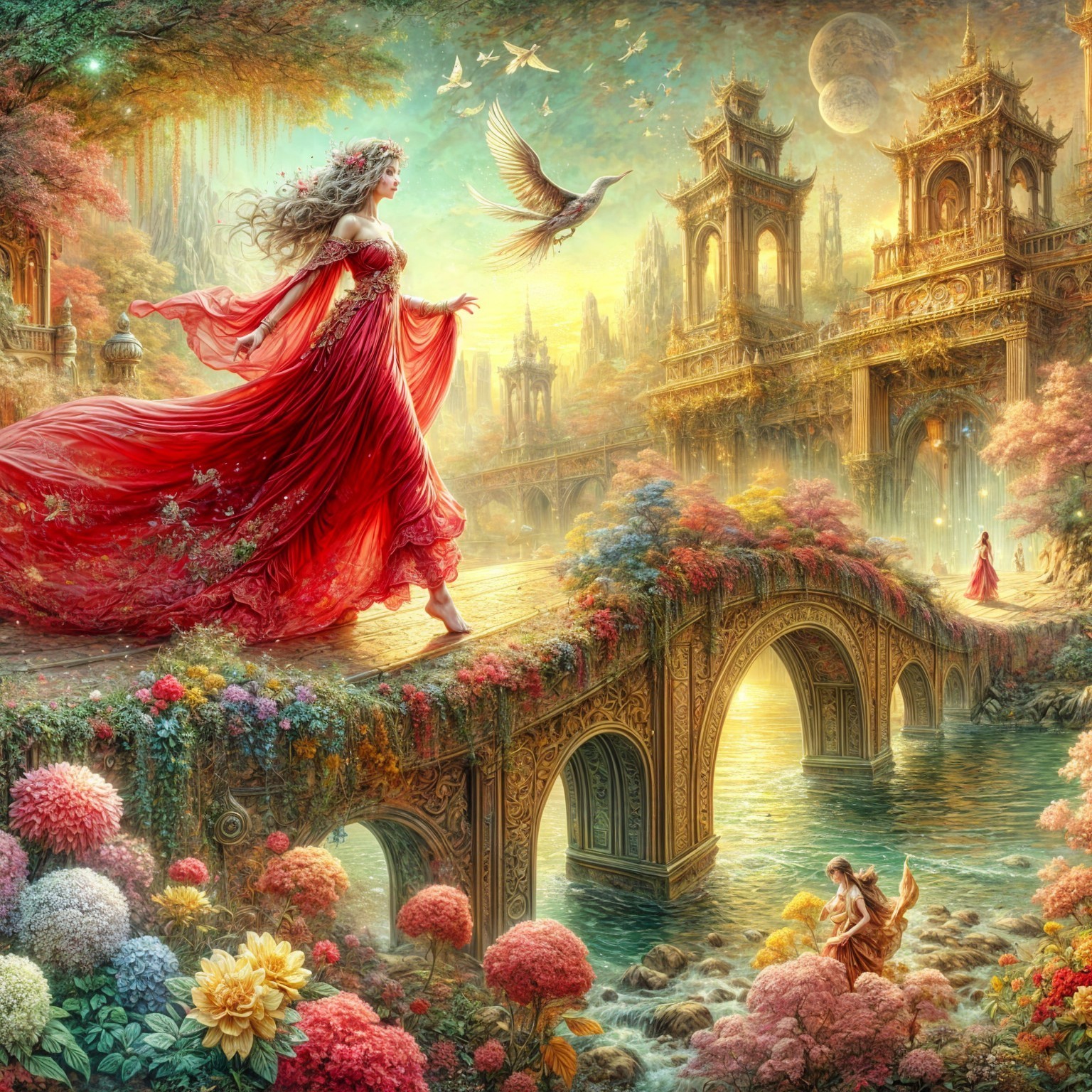 Fantastical landscape with a woman in a red gown