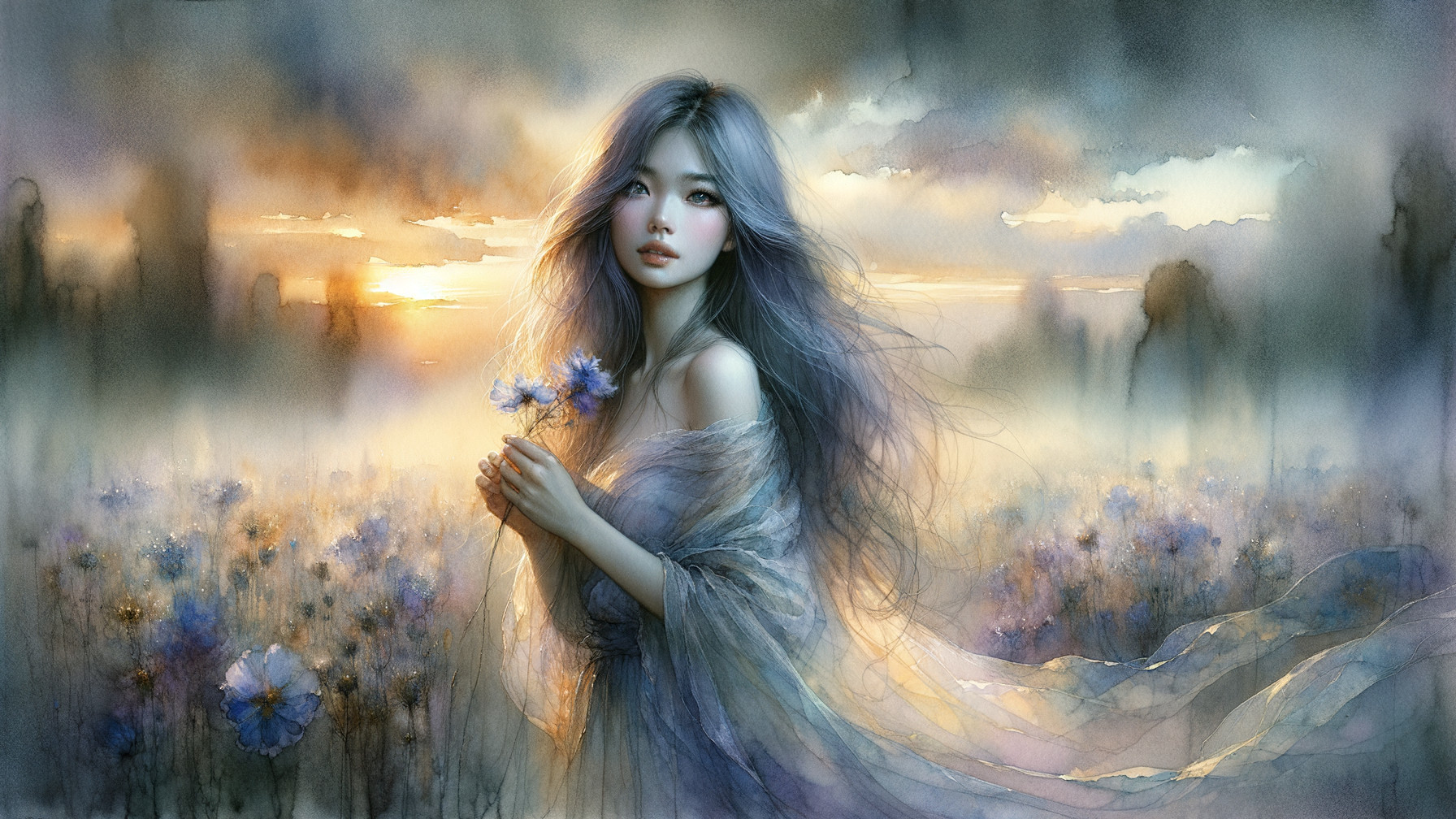 Young woman in a flower field at sunset