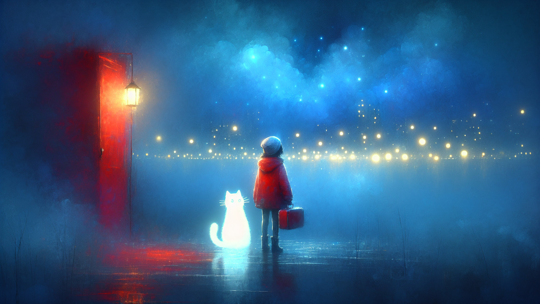 Digital painting of a child with a glowing cat at night