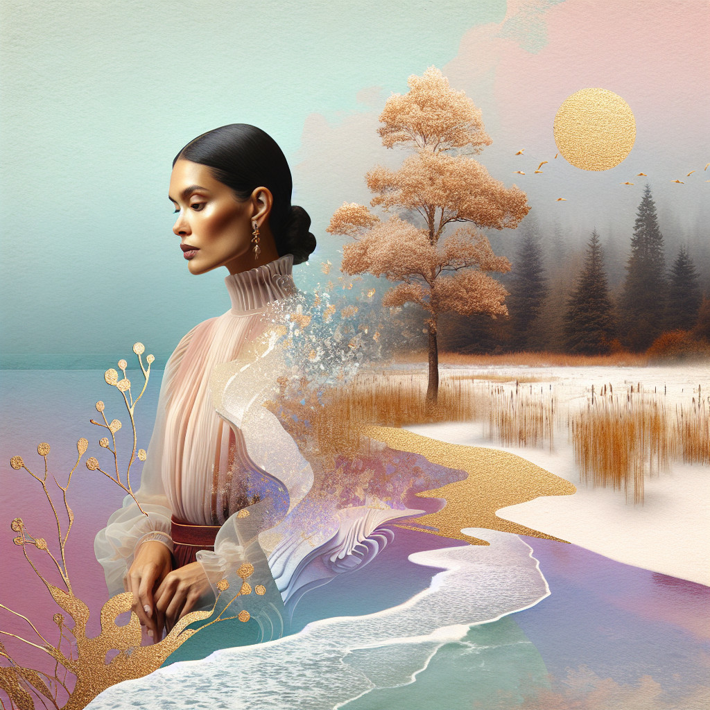 Woman in Flowing Blouse Surrounded by Nature and Abstracts