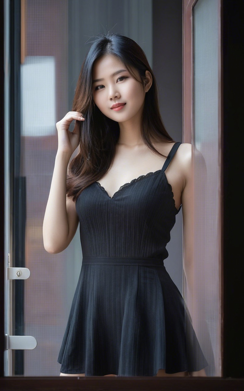 Young Woman in Black Dress by a Window