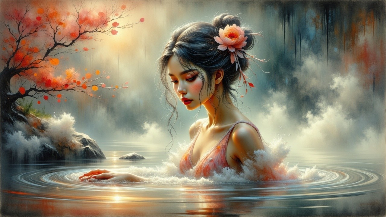 Portrait of an Asian Woman Emerging from Water at Sunset