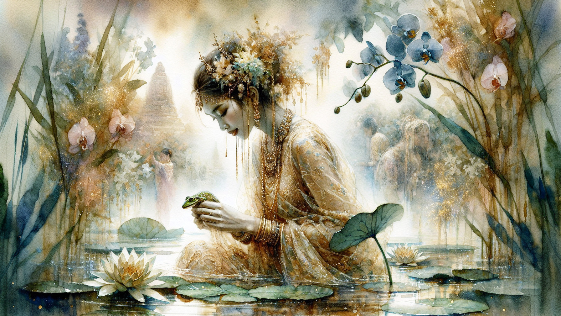 Woman in Golden Gown by Tranquil Pond with Lotus Flowers