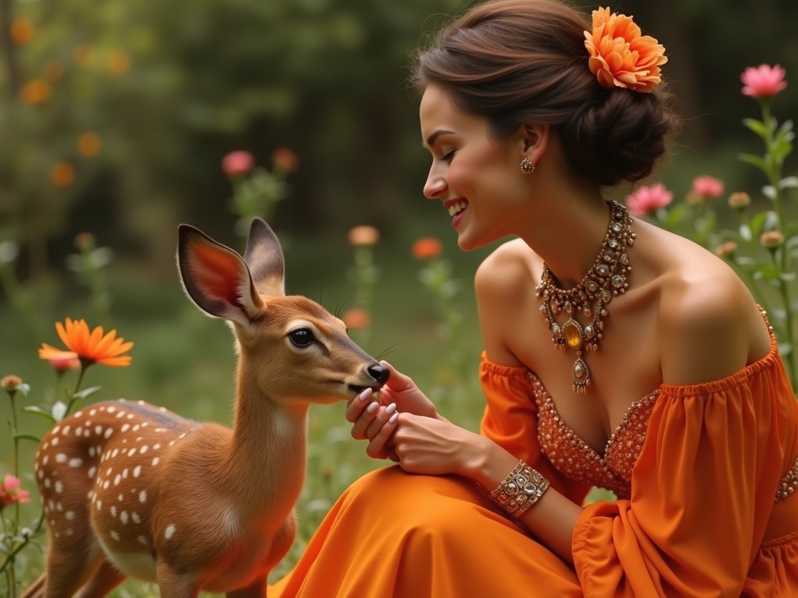 Woman in Orange Dress Surrounded by a Lush Garden