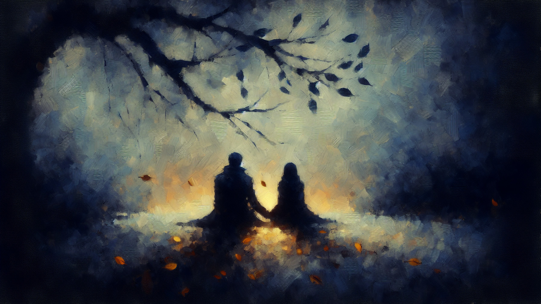 Tranquil Scene of Two Figures by Glowing Water