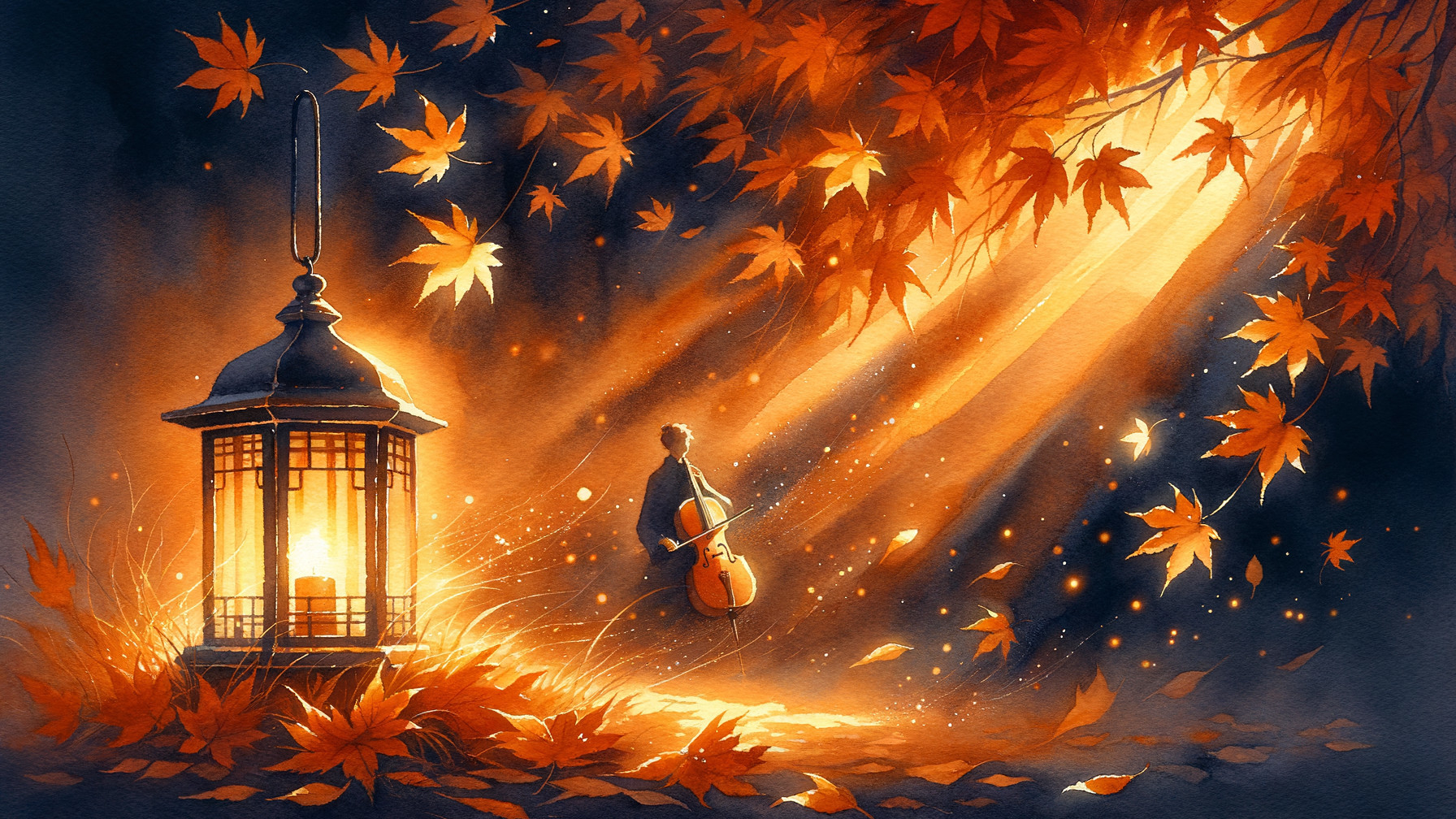 Cellist in Autumn Setting with Lantern and Leaves