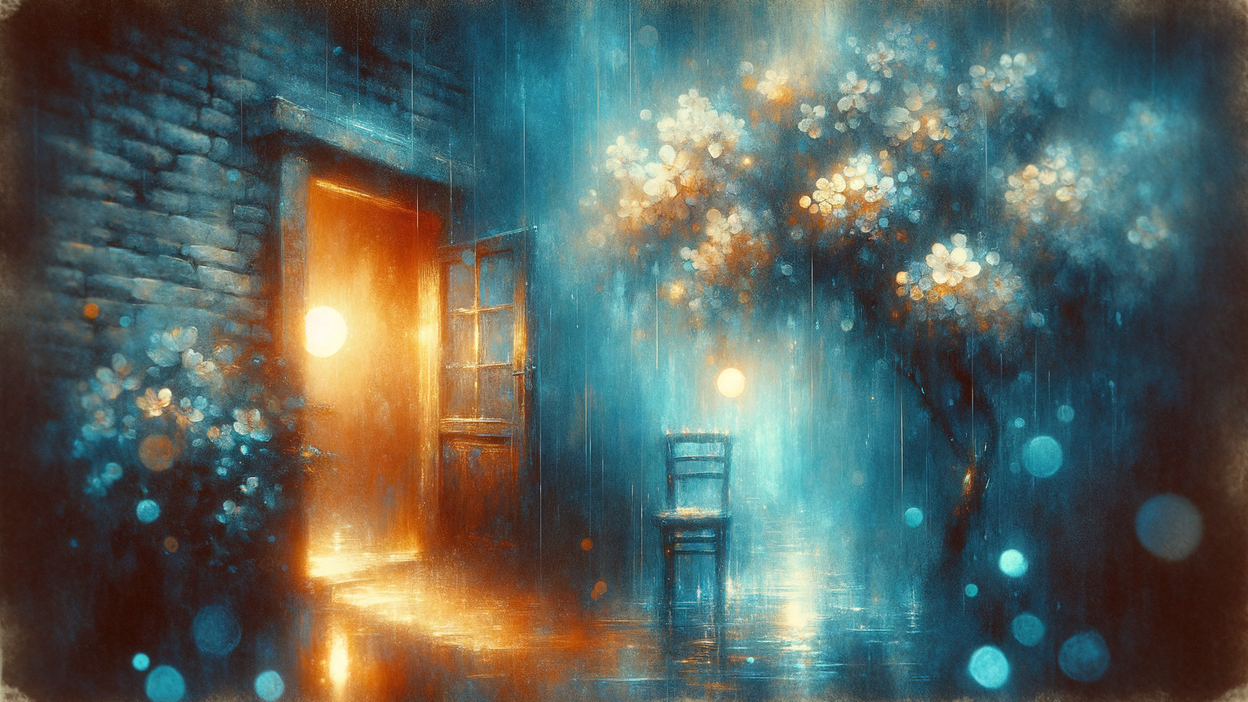 Serene Doorway in Rain-Soaked Landscape with Blossoms